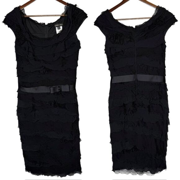 Tadashi Shoji Silk Chiffon Ruffle Off the Shoulder Sheath Dress Black size 6 - Picture 1 of 8